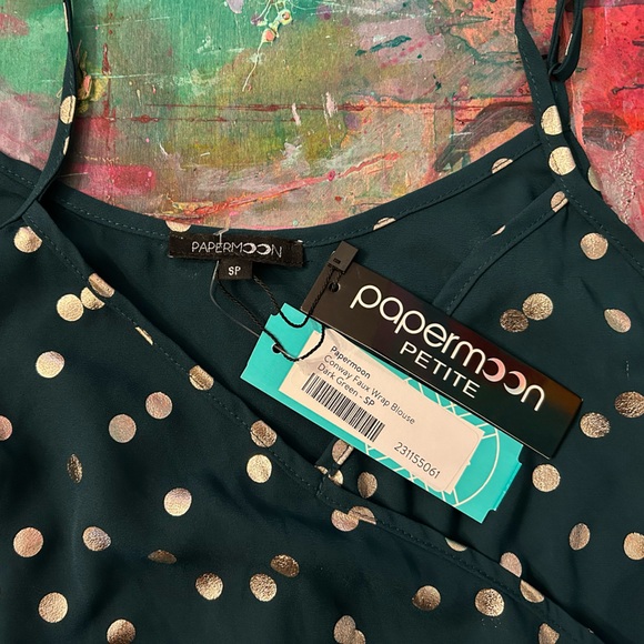 Paper moon Deep Green + Gold Polka Dot Tank Blouse - Size S (Petite) - Picture 2 of 6